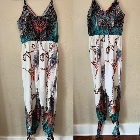 Peacock Print Jumpsuit Deep V-neck Sleeveless Spaghetti Strap Split Side Leg M - Picture 3 of 12